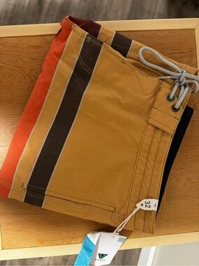 VISSLA Striped Drawstring Boardshorts in Mustard and Brown